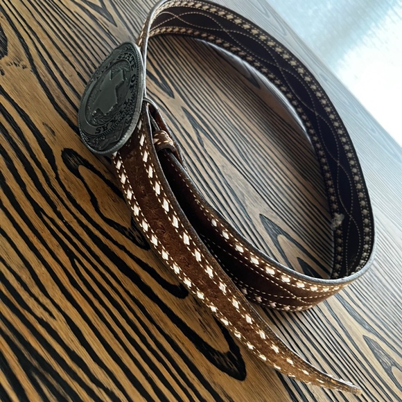 Vintage Cowhide Leather Belt Texas Buckle Size 42 Brown Authentic Rare KC - Picture 6 of 7